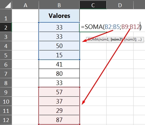 Somar intervalos separados no Excel